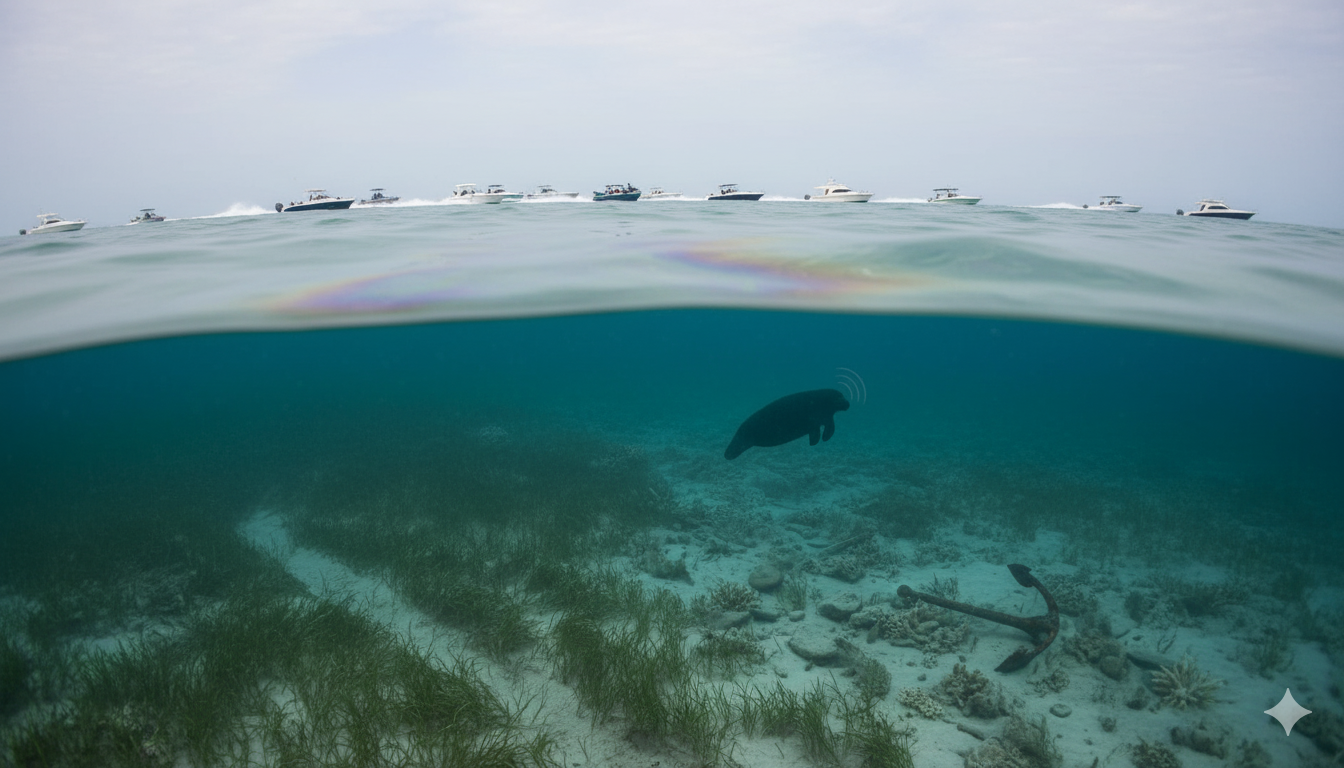 Florida boating: Boats race above a manatee swimming over seagrass