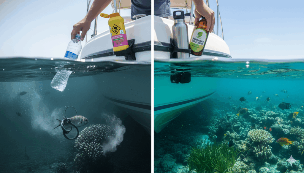 Sustainable boating: Plastic vs. reef-safe products.