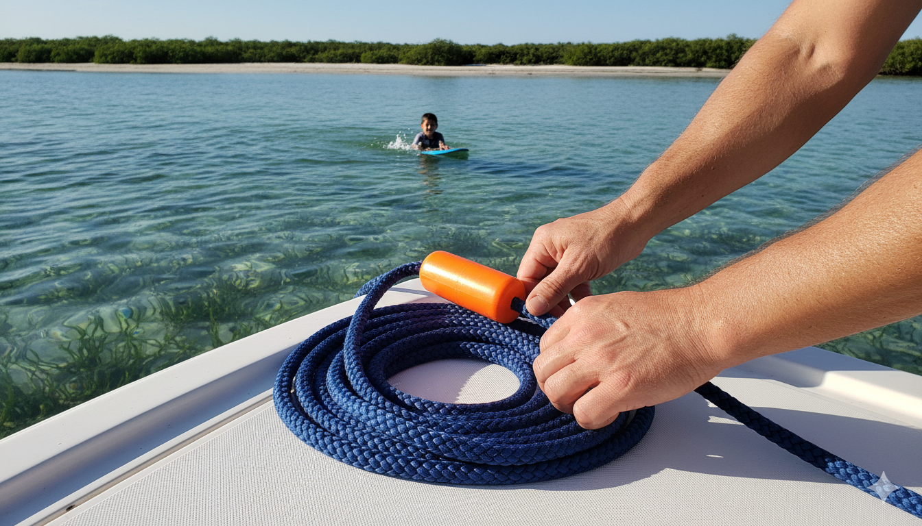 Sustainable boating: Coiling anchor line above clear water.