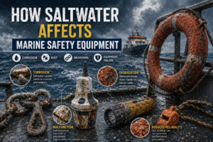 Marine safety equipment exposed to saltwater conditions, showing corrosion on radios, life rafts, and emergency boating gear used in offshore Florida waters.