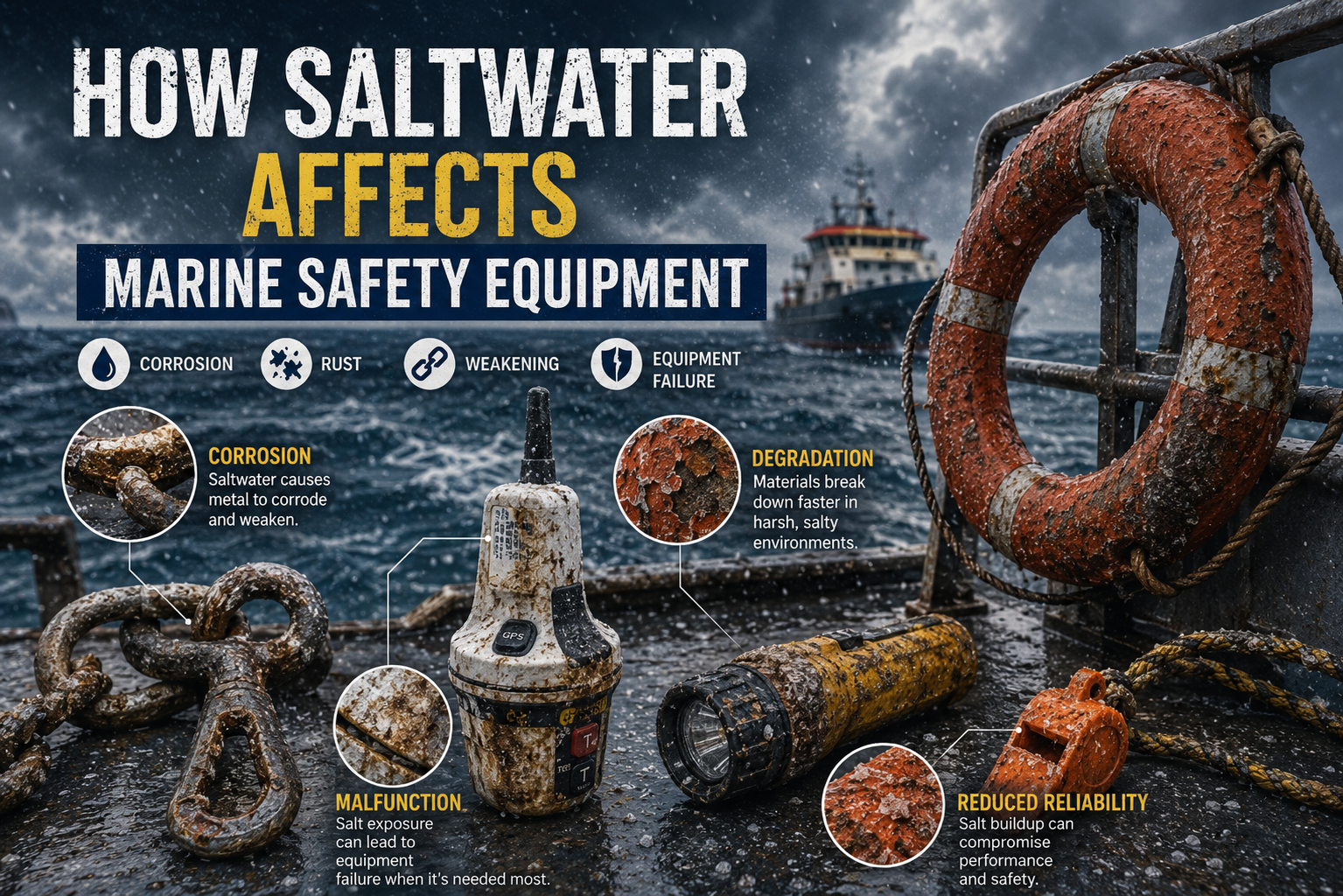 Marine safety equipment exposed to saltwater conditions, showing corrosion on radios, life rafts, and emergency boating gear used in offshore Florida waters.