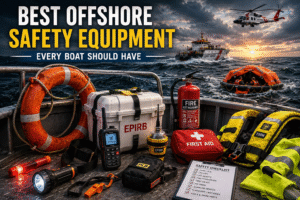 Offshore boating safety equipment displayed on a boat deck, including life jackets, EPIRB beacon, marine radio, flares, and emergency safety gear for Florida boaters.