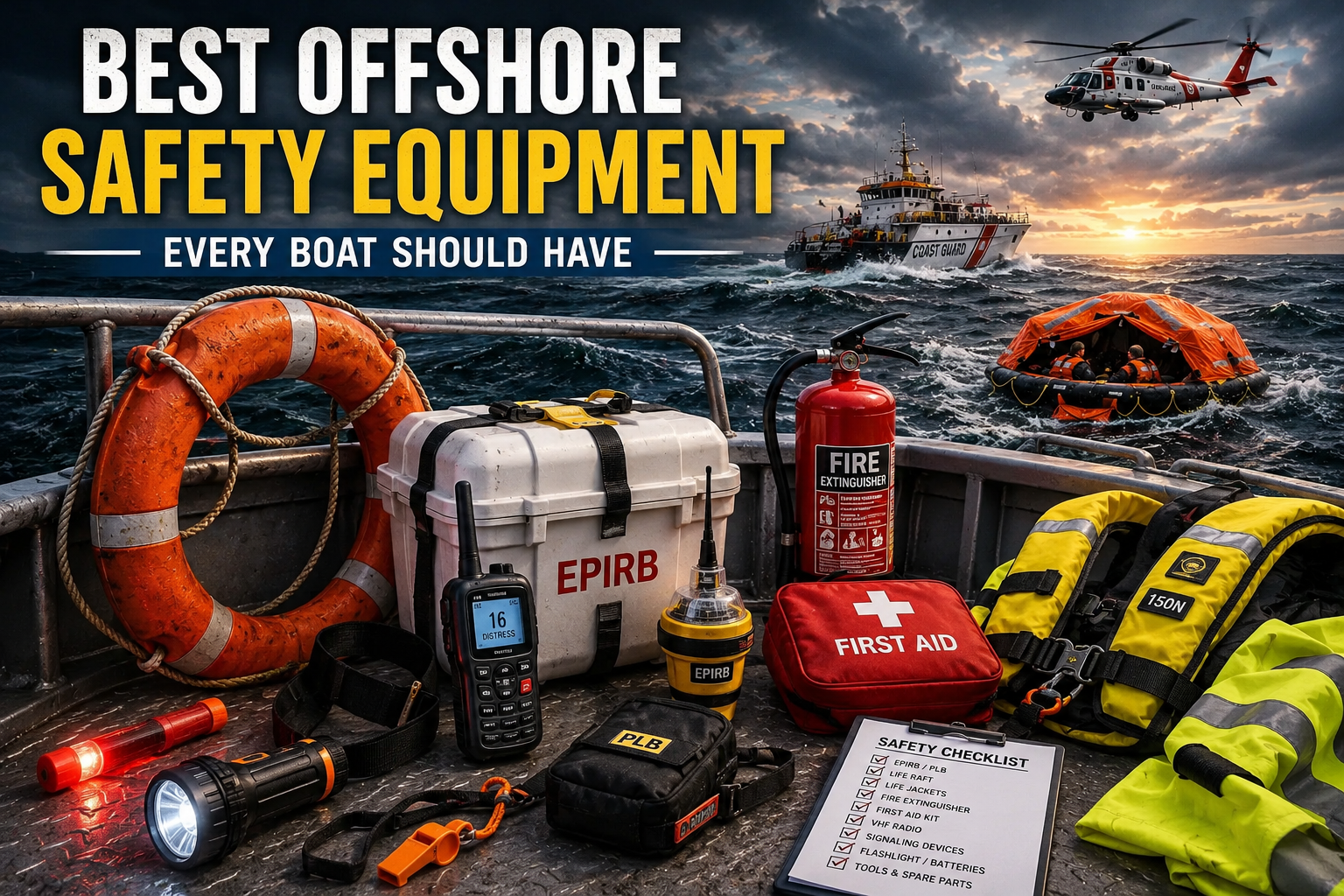 Offshore boating safety equipment displayed on a boat deck, including life jackets, EPIRB beacon, marine radio, flares, and emergency safety gear for Florida boaters.