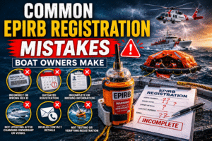 Boat owner registering an EPIRB emergency beacon for offshore boating safety, highlighting common registration mistakes and proper emergency preparedness in Florida waters.