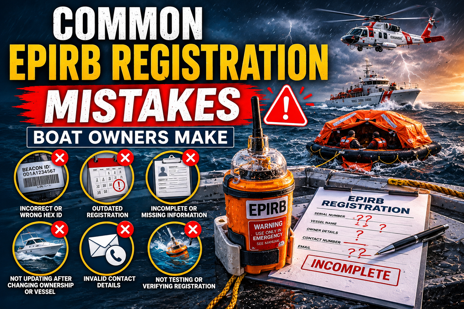 Boat owner registering an EPIRB emergency beacon for offshore boating safety, highlighting common registration mistakes and proper emergency preparedness in Florida waters.