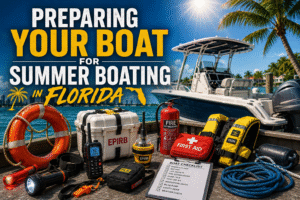 Boat owner preparing a vessel for Florida summer boating by inspecting the engine, checking safety equipment, cleaning the deck, and applying UV protection before heading offshore.