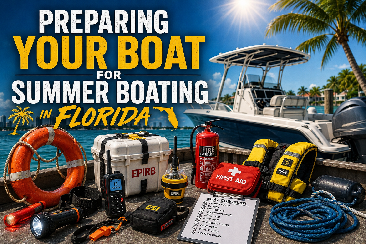Boat owner preparing a vessel for Florida summer boating by inspecting the engine, checking safety equipment, cleaning the deck, and applying UV protection before heading offshore.