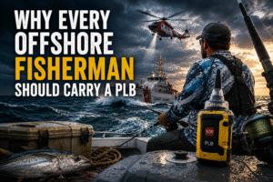 Offshore fisherman clipping a PLB to a life jacket before heading out in Florida Gulf waters