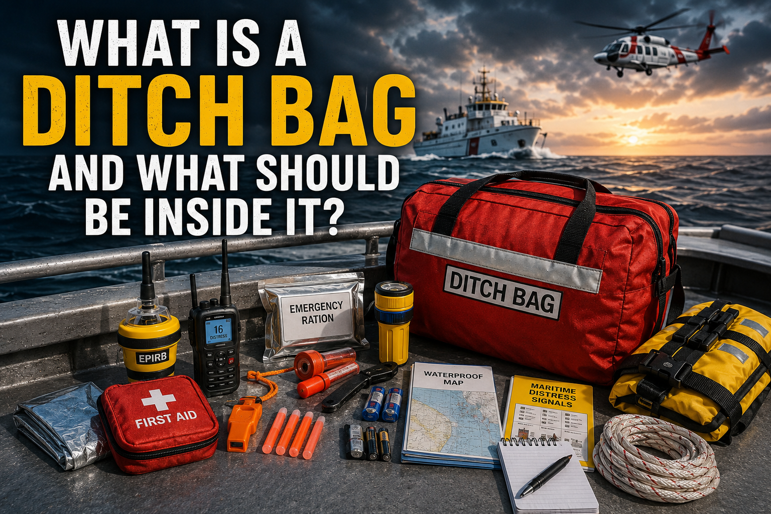 Waterproof ditch bag packed with offshore survival gear and signaling devices for Florida boaters