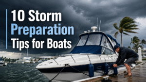 Florida boater securing dock lines and removing canvas in storm preparation before a hurricane