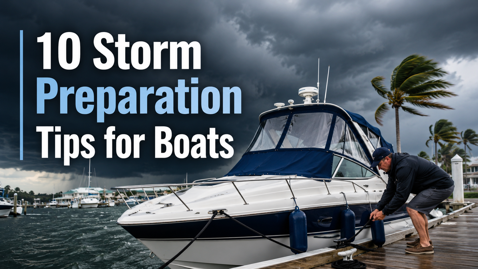 Florida boater securing dock lines and removing canvas in storm preparation before a hurricane